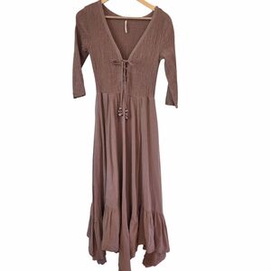 Free People Maxi Peasant Dress Smocked Lace Up Bodice Ethereal Boho Mauve XS